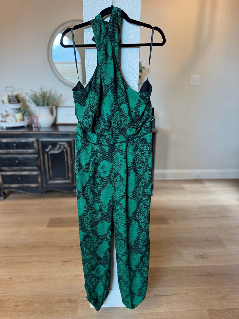 New York & Company Green Snake Print Halter Jumpsuit Size Large